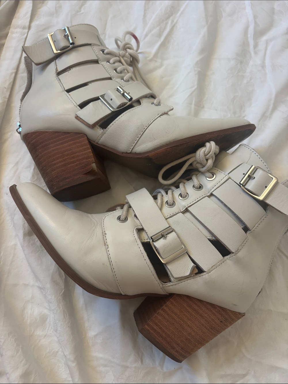 Steve Madden White Cutout Lace-Up Ankle Boots with Buckles